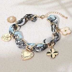 Heart Quatrefoil Pearl Charm Embellished Scarf Fabric Chain Bracelet